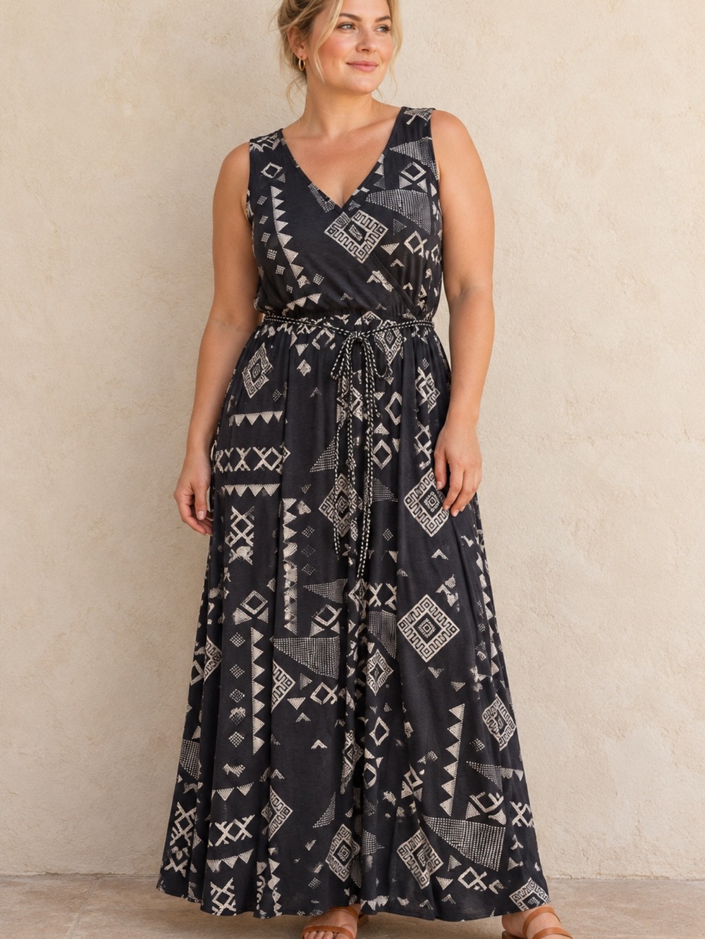 Lucky Brand Boho Jersey Maxi Dress 2X Black Cream Wrap V Neck Braided Tie